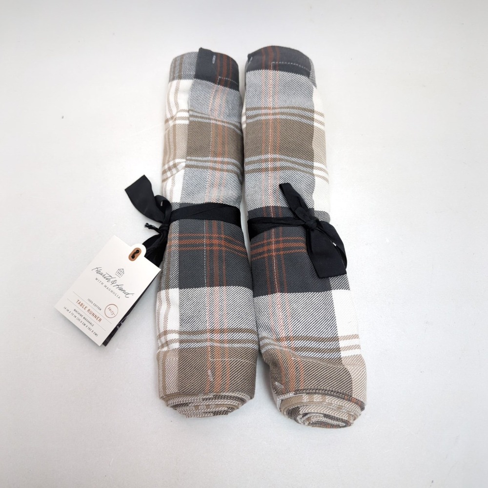 2 Hearth and Hand with Magnolia Tan & Gray Plaid Table Runner 14" x 72"‎